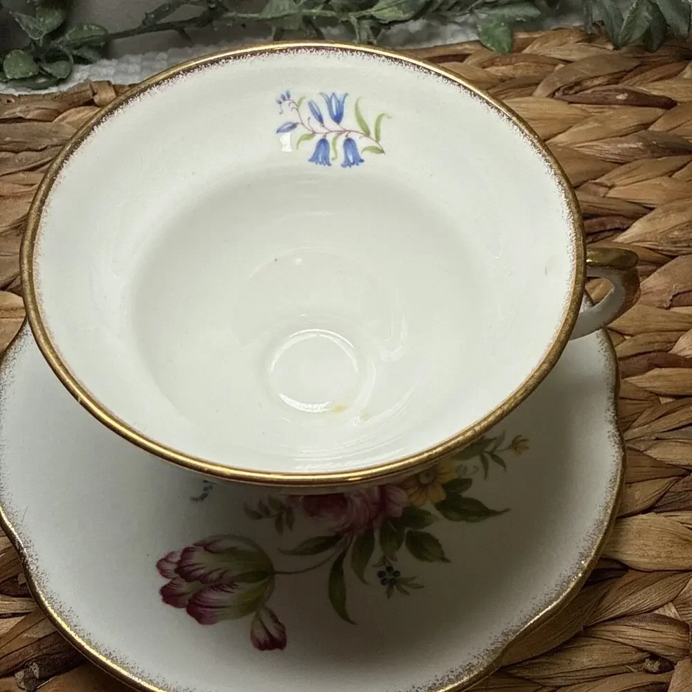 Royal Dover China Bone China England Teacup & Saucer Roses Flowers Gilded Gold